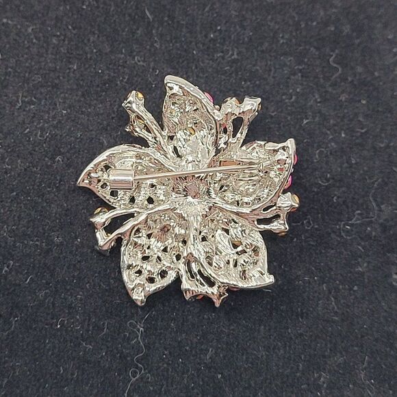 Vintage Floral Flower Brooch Pin Pendant Pink Purple Rhinestone Silver Tone - Picture 2 of 7